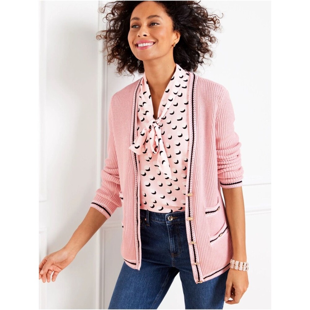 Talbots Pink Black Gold Texture Knit V- Neck Cardigan Tipped Stripe Sweater Sz S